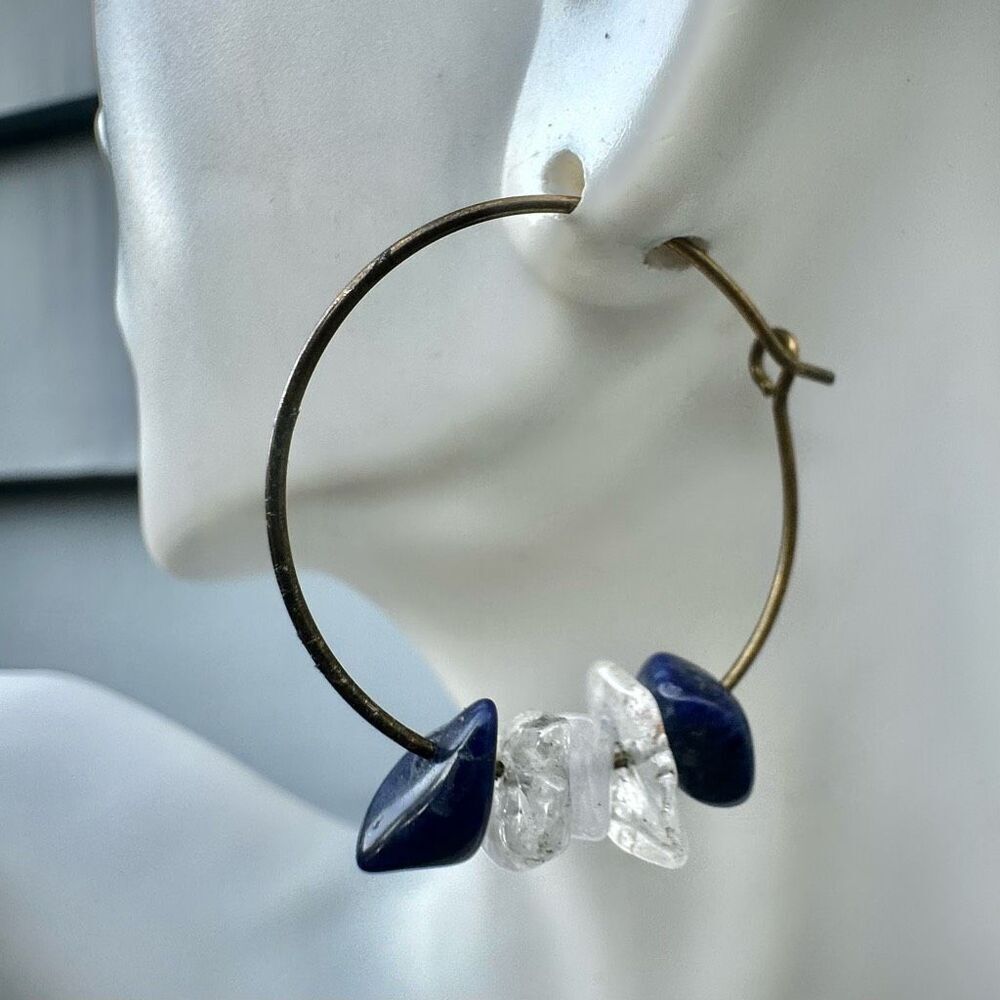 Clear quartz lapis chip hoop earrings
